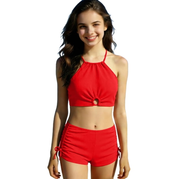 CYRBOKO Girls Bikini Swimsuits, Two Pieces Stretchy Summer Quick-dry Bathing Sets Red Size 12-13 T