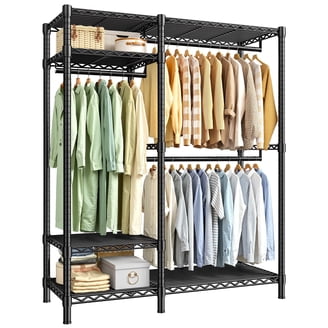HONEIER Double Rod Clothes Rack with Wheels, Storage Shelves