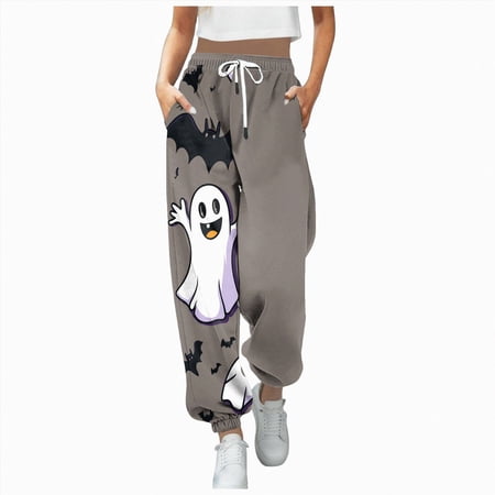 Womens Halloween Pants Witch Pumpkin Ghost Wide Leg Trousers with Buttons(Grey S)