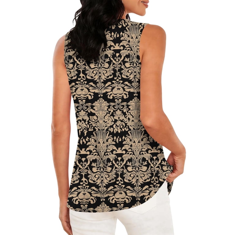 Inverlee Women's Round Neck Sleeveless Tops Vintage Damask Print