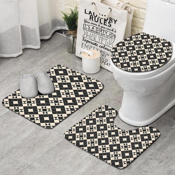 Black Beige Checkerboard Checkered Pattern Bathroom Rugs Sets 3 Piece,Toilet Cover Set,Absorbent Non Slip Bathroom Mats Sets with U-Shaped Contour Rug Toilet Rug Set