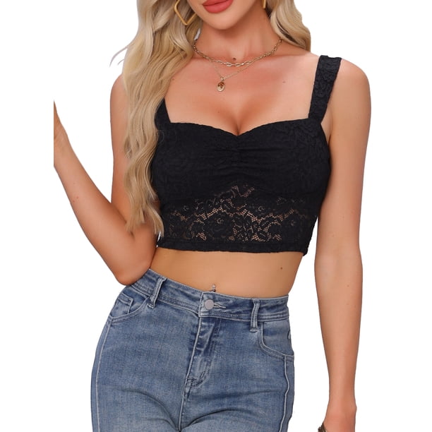 INSPIRAR CHIC Top de Mujer Floral de Encaje Sin Mangas Y2K Top Corto para Salir Fiesta L Negro