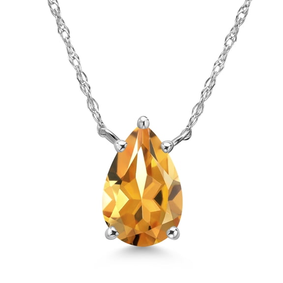 Gem Stone King 14K White Gold Yellow Citrine Pendant Necklace for Women | 1.07 Cttw | Gemstone November Birthstone | Pear Shape 9X6MM | With 18 inch Chain