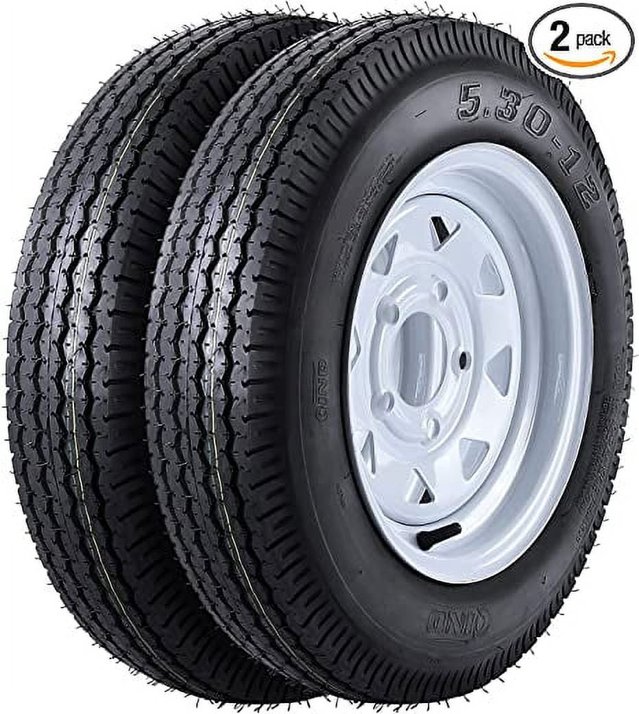 5.30-12 Trailer Tires On Rims 5.3-12 530-12 5.30 X 12 with 12" Rims, 5 Lug on 4.5", Load Range C Wheel White Spoke, 6PR, Set of 2