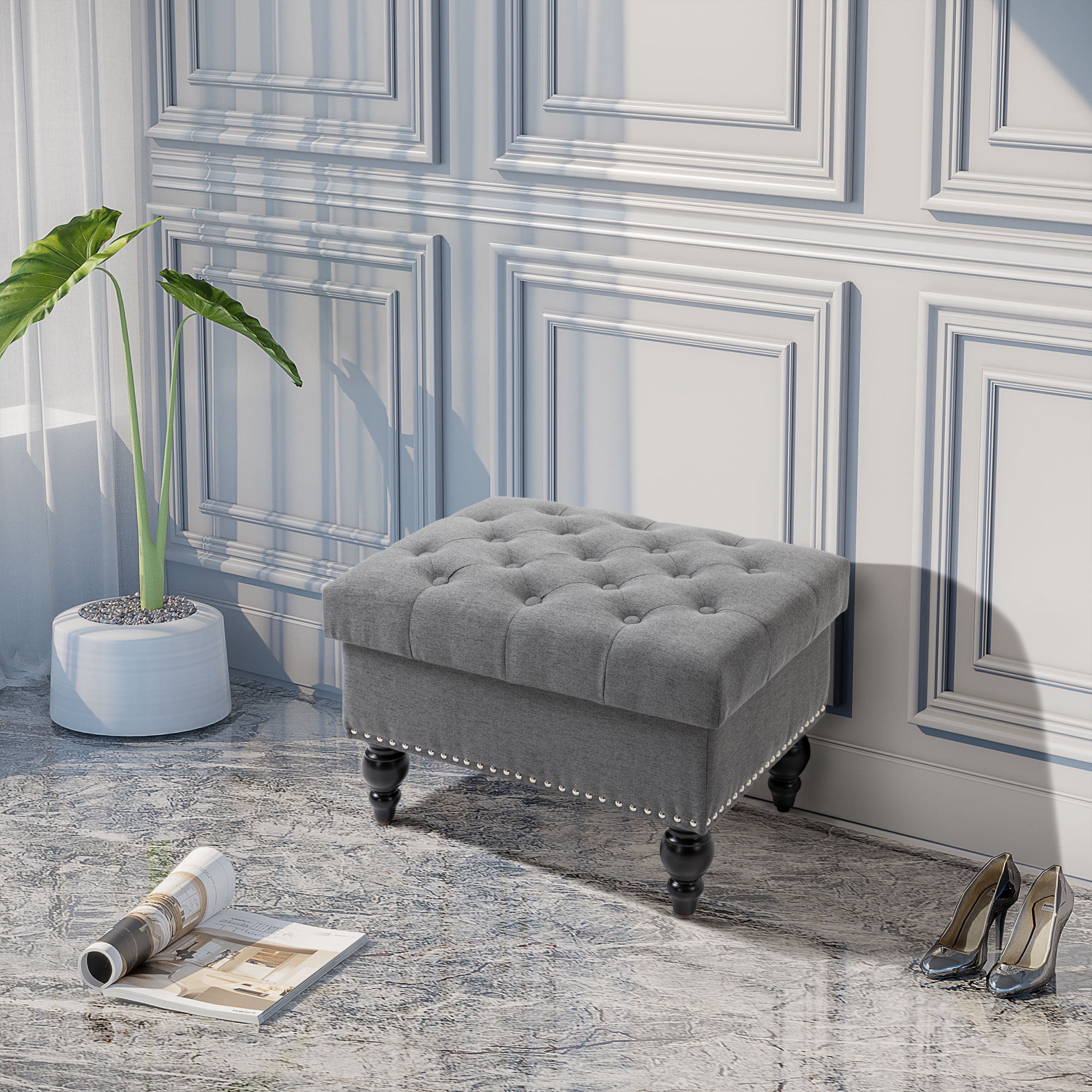 HOMCOM Ottoman with Storage for Living Room, 25" Storage Ottoman with Removable Lid, Button-Tufted Fabric Bench for Footrest and Seat with Wood Legs, Gray