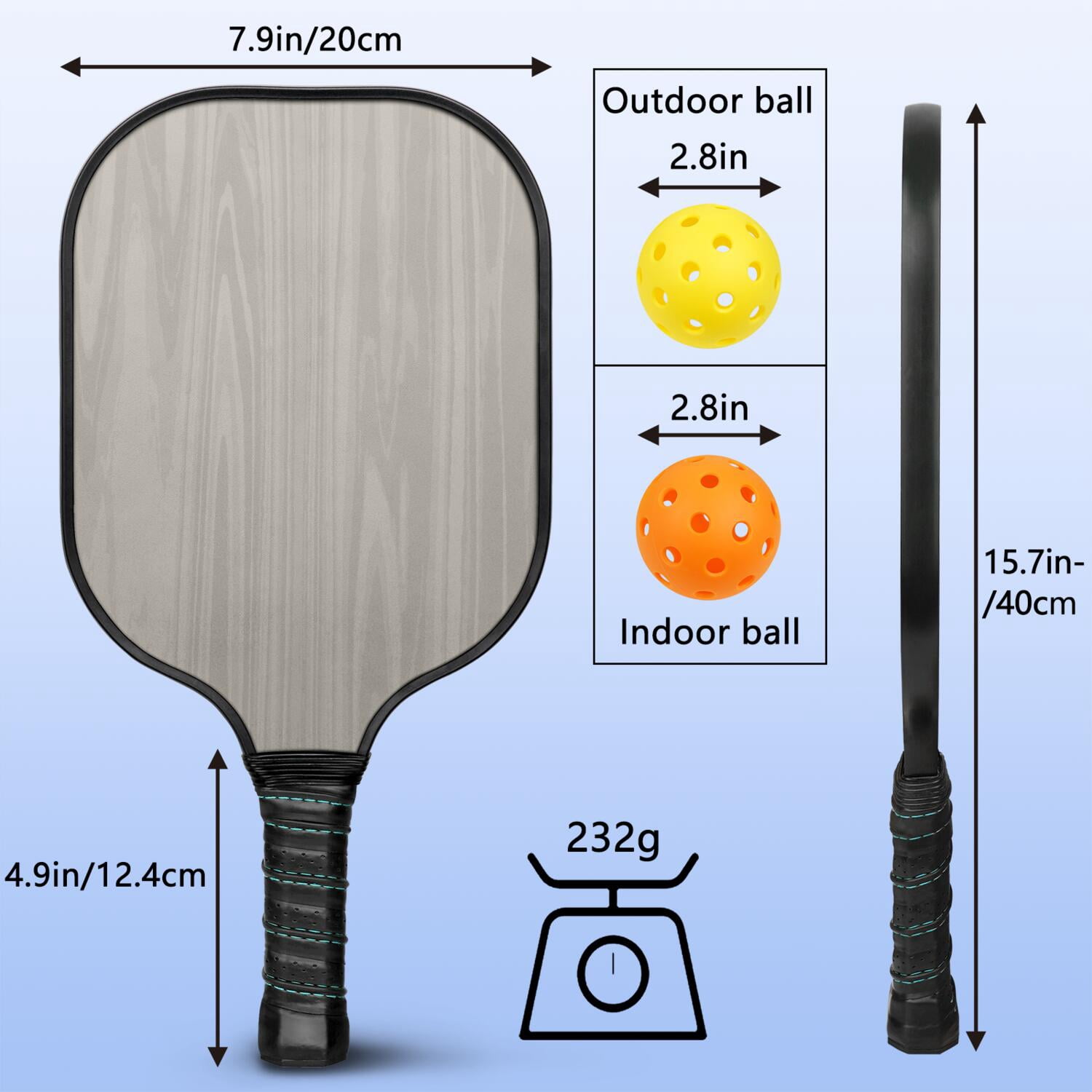 Pickleball Paddles Set Of 2, Fiberglass Surface, Wood Grain Print, 4 Balls & Bag