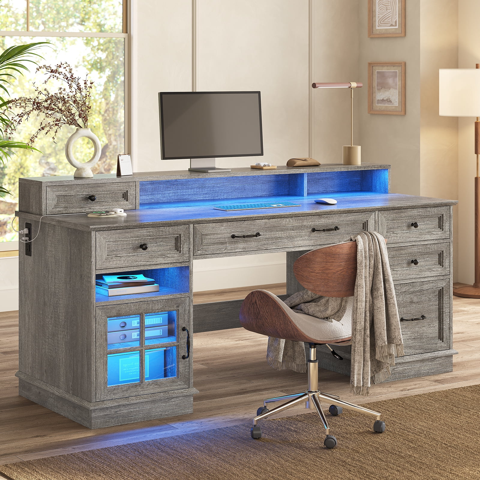 Toogaho Executive Desk with Drawers Computer Desk with File Drawers, Power Outlet and Led Lights,Farmhouse Office Desk with Storage Cabinet and Monitor Shelf for Home Office, Grey