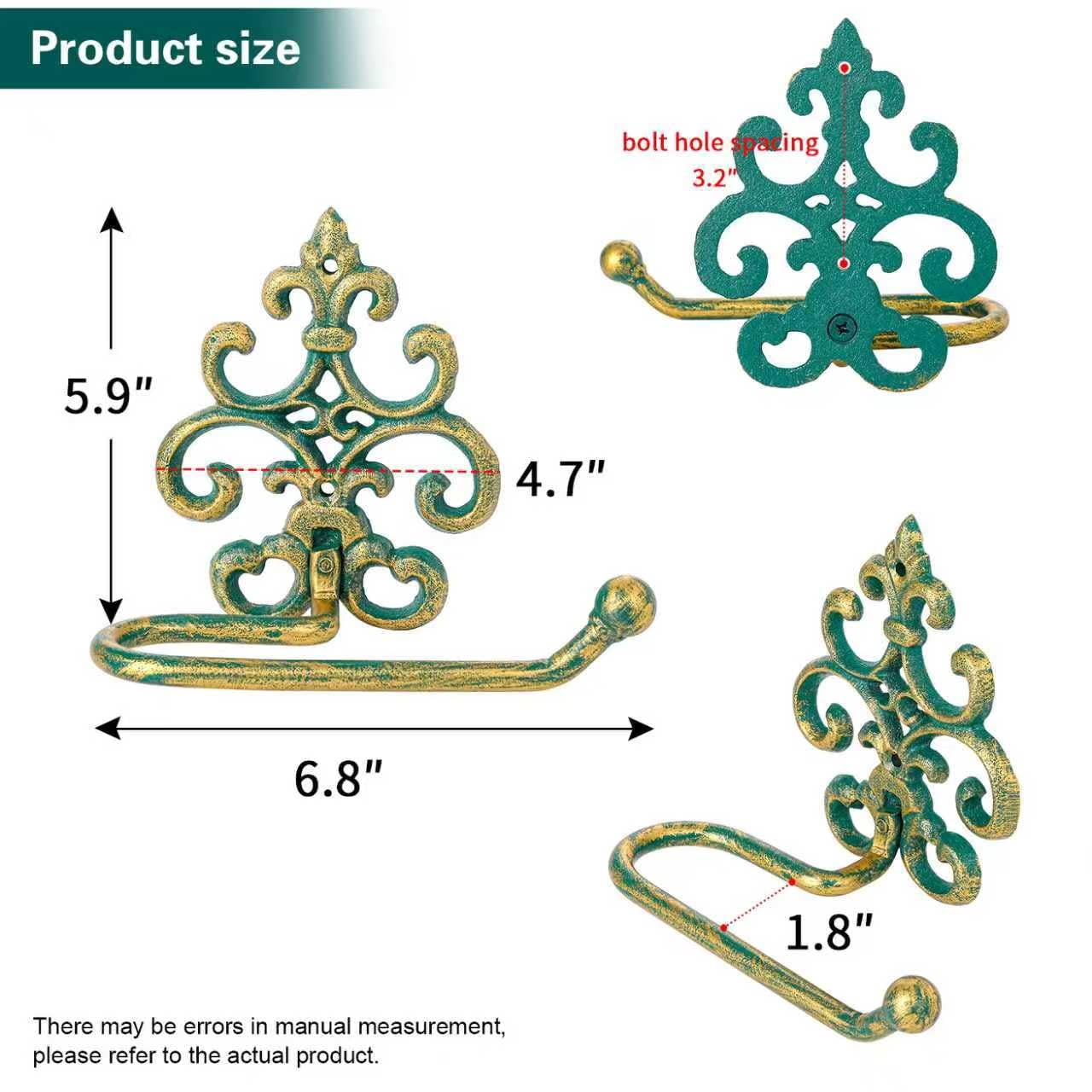 Sungmor Vintage Cast Iron Toilet Paper Holder - Wall Mounted Rustic Bathroom Tissue Holder with Teal & Gold Finish, Decorative Accent for Farmhouse, Victorian Décor, Heavy Duty Metal Scroll Design