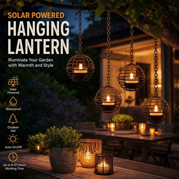 Solar Powered Hanging Lanterns Outdoor Waterproof - Rustic Iron Ball Candle Holder with LED Tea Light, Decorative Hanging Lights for Garden Tree Yard