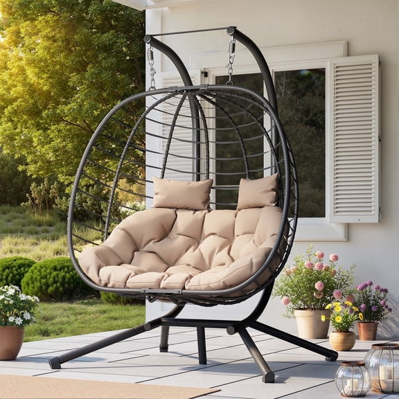 Amopatio Hanging Egg Chair with Stand Double Wicker Swing Egg Chair Patio Hammock Chair, Foldable Swing Loveseat for Patio, Balcony, Porch, Indoor, Outdoor, Black/Beige