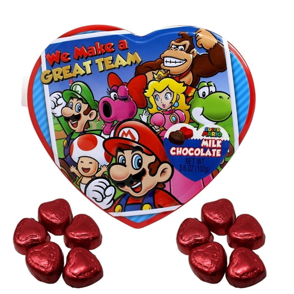 Super Mario Chocolate Heart Filled Tin, Halloween Candy Treat, 3.6 oz
