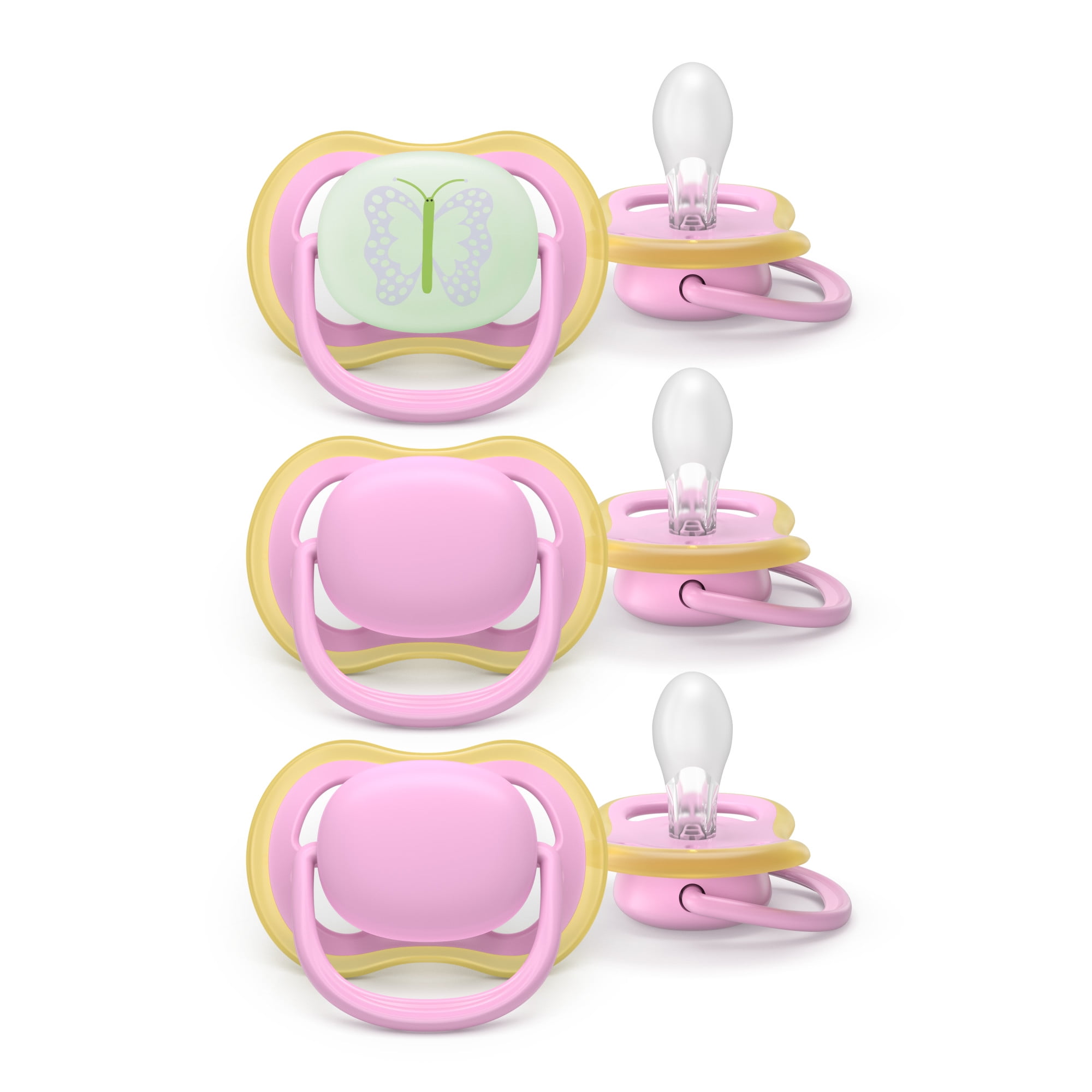 Philips Avent Ultra Air Pacifier 6-18M, Quiet Pink / Butterfly, Day+Night 3 Pack, SCF087/30