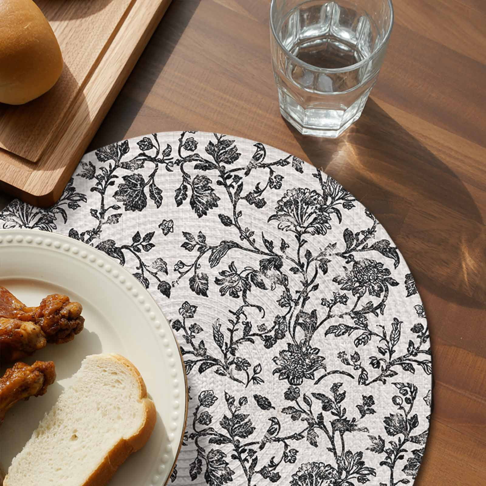 Farmhouse Black Round 13 Inch Placemats Set of 2, Vintage Flower Leaf Botanical Plant HeatResistant Non Slip Place Mats for Dining Table, Wipeable Braided Kitchen Table Mats for Housewarming