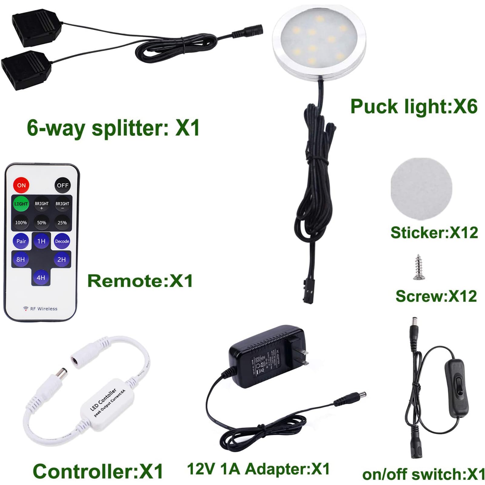 LED Under Cabinet Lights Kit - 6 Pack of Black Cord Aluminum Puck Lights for Kitchen Counter and Closet Lighting with Wireless Dimmable RF Remote Control (12W, Warm White 2700K)