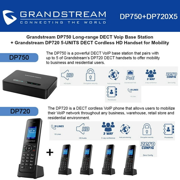 Grandstream DP750 Long-range DECT Base Station   DP720 5-UNITS DECT HD Handset