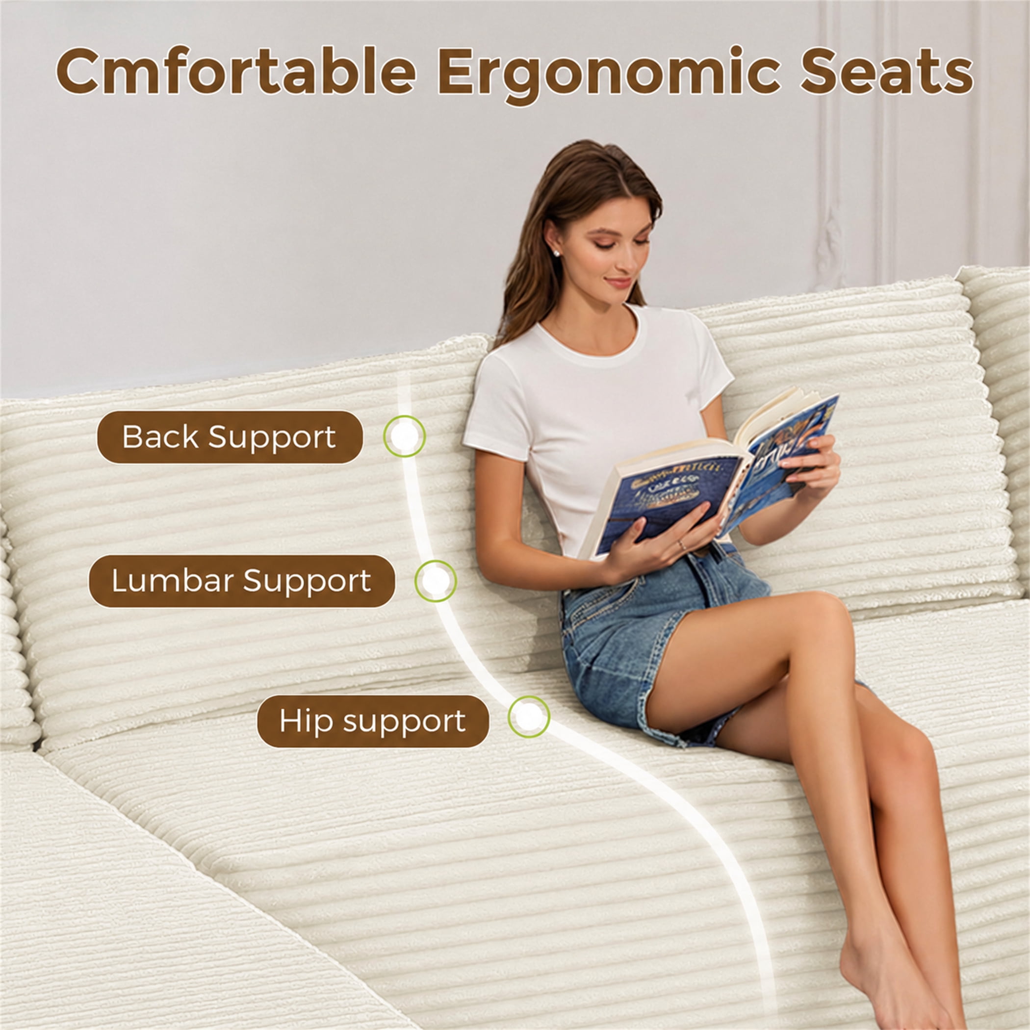 Aukfa 133" Cloud Sectional Sofa Oversized Boneless Couch Modular U-Shaped Couch, Double Chaise Corduroy Sofa for Living Room, White