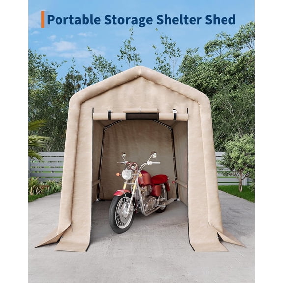Historyli 6X8 FT Portable Outdoor Storage Shed with Roll-Up Zipper Door & Vent, Waterproof Carport Shelter, Khaki