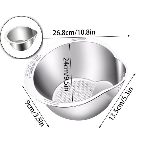 Dvruxg 4-in-1 Stainless Steel Rice Washer, Multipurpose Kitchen Strainer Bowl, Side Drainer Colander for Vegetable Cleaning Use
