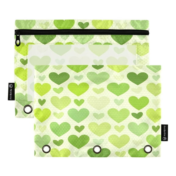 2 Pack Pencil Bag 9.84x6.1 Inch 3-Ring Page Turning Folder Zipper Pencil Case Pencil Bag Page Turning File BagGreen Love