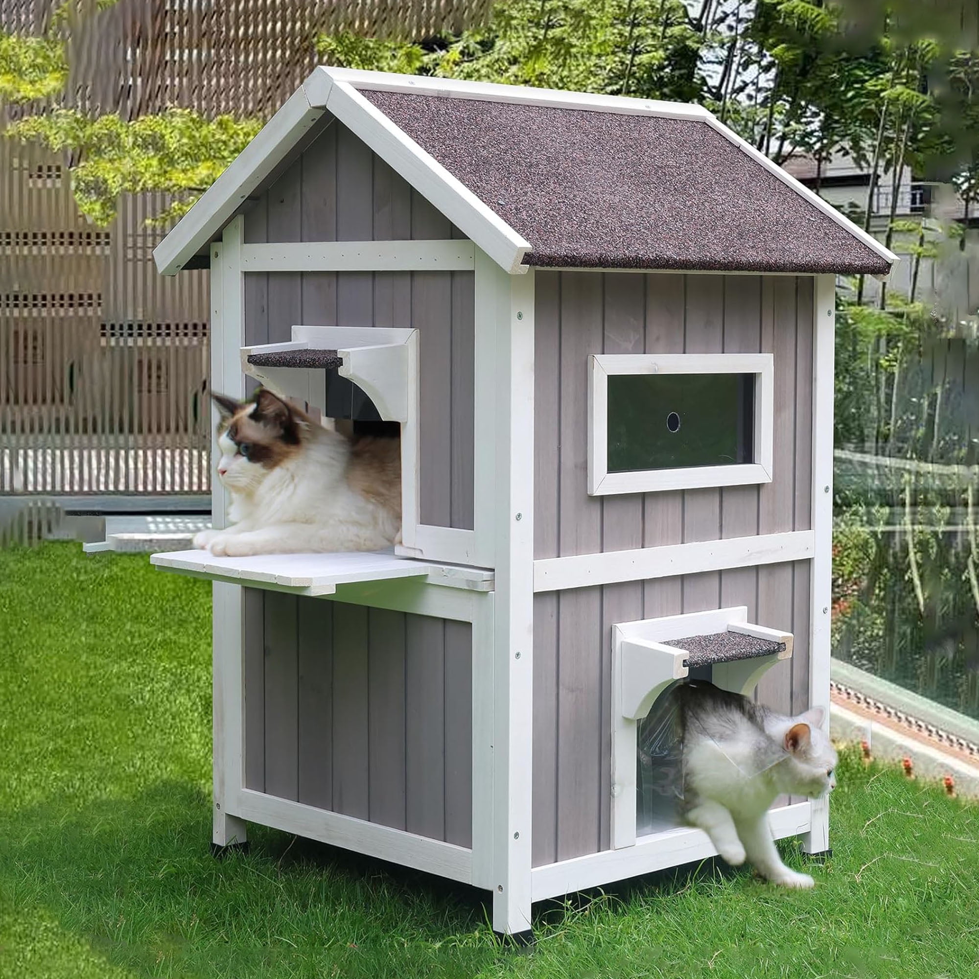 resenkos 37" 2-Story Cat House for Outdoor Cats, Weatherproof Cat Shelter with Escape Door, Wood Cat Condo for 3 Adult Cats, Gray