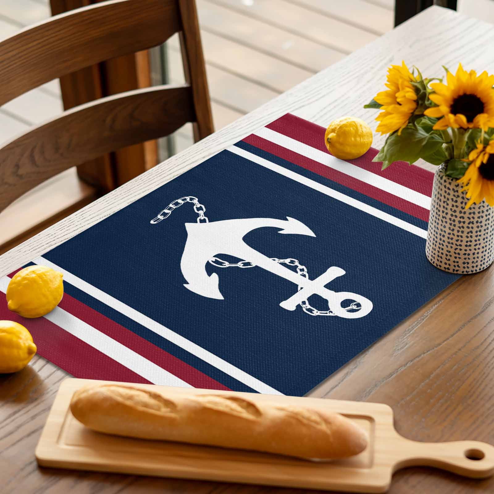 Placemats Set of 4, Nautical Anchor Placemats Set of 4, Navy Blue Red Stripes Tablemats Washable Placemat Table Decoration for Kitchen Table Dinner Party Home Decor Indoor Outdoor 13x19 Inch
