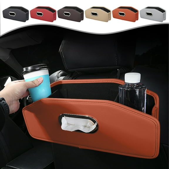 COM1950s Car Seat Back Organizer – Leather Hanging Storage with Cup Holder & Tissue Pocket (Universal Fit,6 Colors Available)