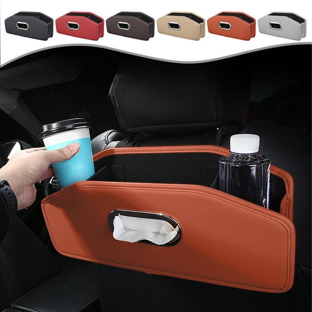 Organizador de respaldo de asiento de coche de cuero con portavasos y funda para papel de cocina - Caja colgable de 14,17x6,29x3,54 pulgadas para interior del coche, beige/vino/marrón/naranja/gris