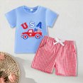 thumbnail image 2 of Summer Boys Girls 2 Piece Outfits Toddler Boy Clothing Sets USA Truck Embroidery T-Shirt and Plaid Shorts Outfit Boys 4th of July Outfit, 2 of 5