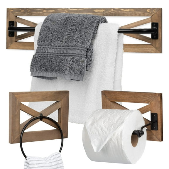 Ilyapa Rustic Towel Bar Toilet Paper Holder Set with Towel Ring for Bathroom- Wall Mounted Racks - Barnwood & Black Metal Bar, Farmhouse Decor