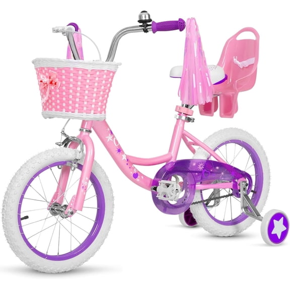 hykolity 14 inch Girls Bike for 3-5 Years Old, Children Bicycle in Pink with Adjustable Seat, Doll Seat, Training Wheel and Basket