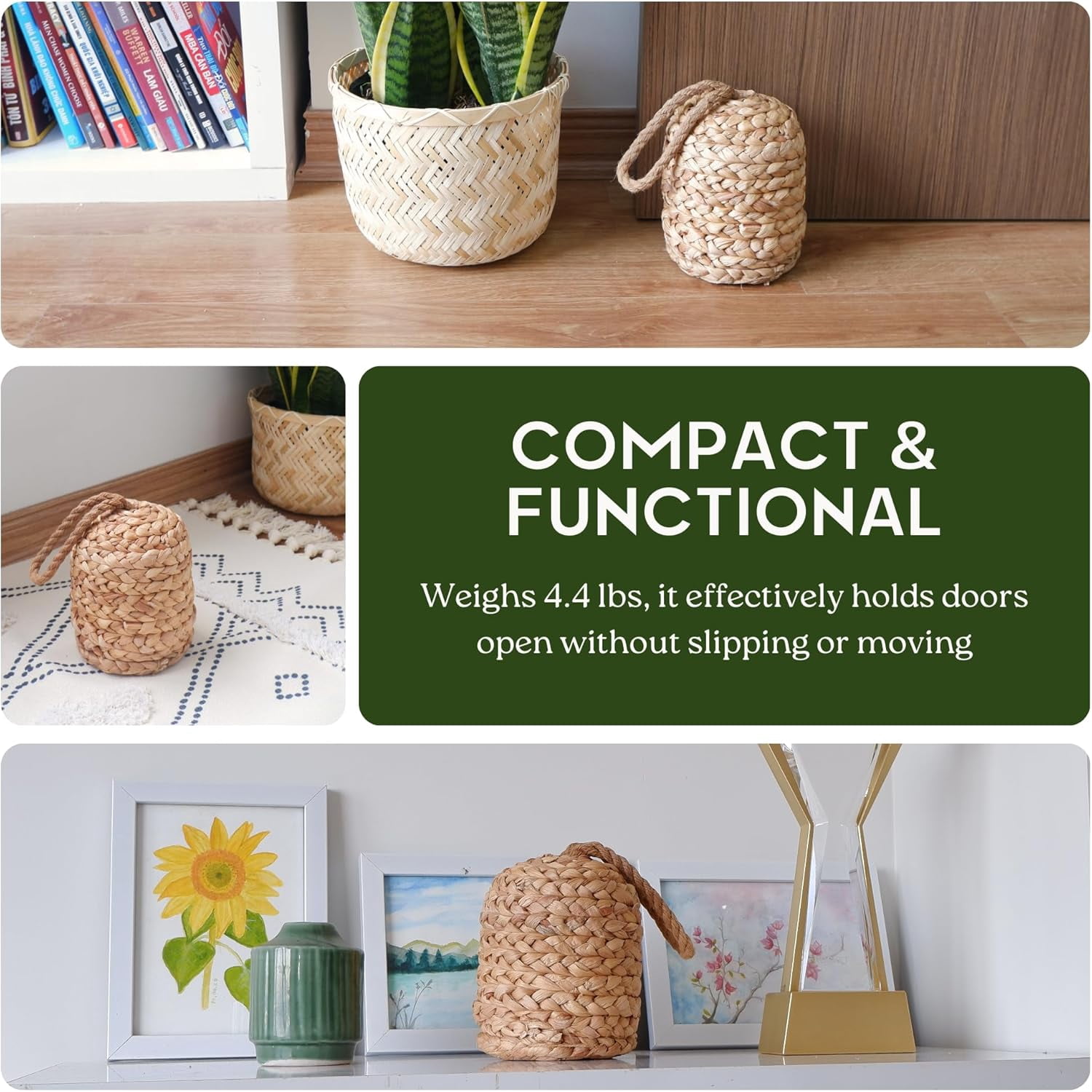 4.4lbs Natural Door Stopper for Bottom of Door Decorative Heavy Duty Door Stop with Handle Wicker Cute Door Stopper for Modern Farmhouse Water Hyacinth Home Decor 4.7"D x 6.3"H (Cylinder)