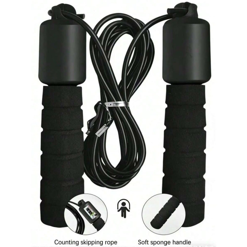 Black Professional Digital Counting Jump Rope With LCD Display, Adjustable Tangle-Free PVC Rope, Non-Slip Ergonomic Handles