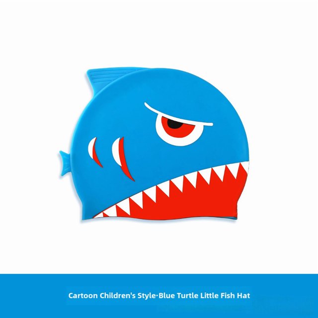 Kids' Blue Fish Swim Cap with Shark Print - 2-8 Years Old, High Elasticity Silicone, Ear Protection, Comfortable Non-Slip Fit, Perfect for Swimming Lessons, Wholesale Available, In Stock Now