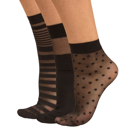 CALZITALY 20 Den 3 Pairs Woman Pop Socks, Sheer Ankle Socks, Silk, Black, Italian Hosiery