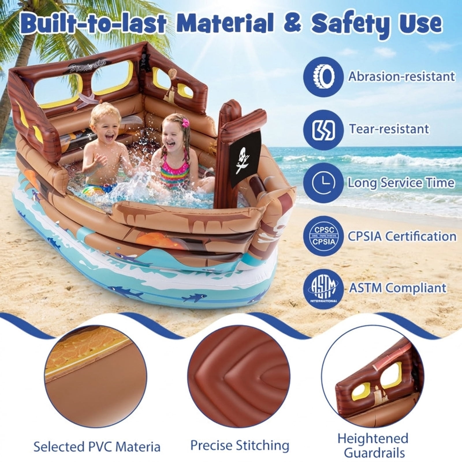 Redsmile Inflatable Pirate Ship Playhouse for Toddlers, Indoor Playground with Built-in Motor, Toy Sword and Pirate Hat, Kids Play Tent for 2 Kids 3+, Christmas Gift, Brown