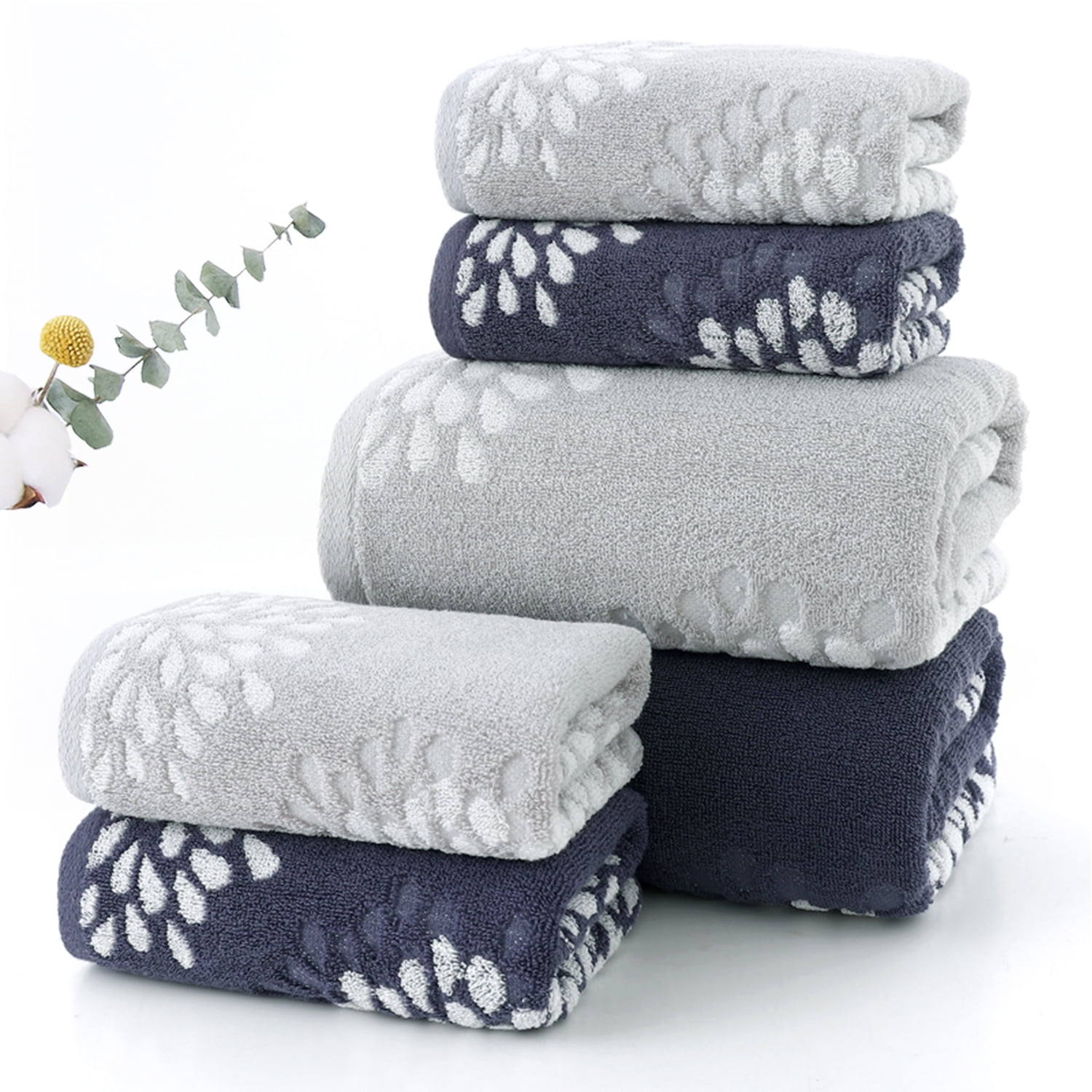 Pidada 100% Cotton Hydrangea Floral Pattern Hand Towels for Bathroom Set of 2 (Light Gray)