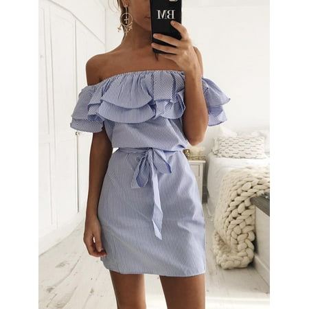 A Blue Man the Shoulder Dress for Women, Flowy Collar Summer Midi Dresses for Women, Cocktail Dresses Sexy Mini Dress for Women (P2946BLS, Aisan Size: S-XL)