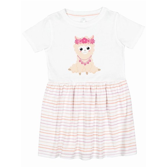 Inktastic Beige Llama, Cute Llama, Alpaca, Flowers, Hearts Girls Toddler Dress