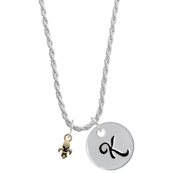 Delight Jewelry Goldtone Mini Fleur de Lis Silvertone Script Initial Disc - K - Charm Necklace, 20"+3"