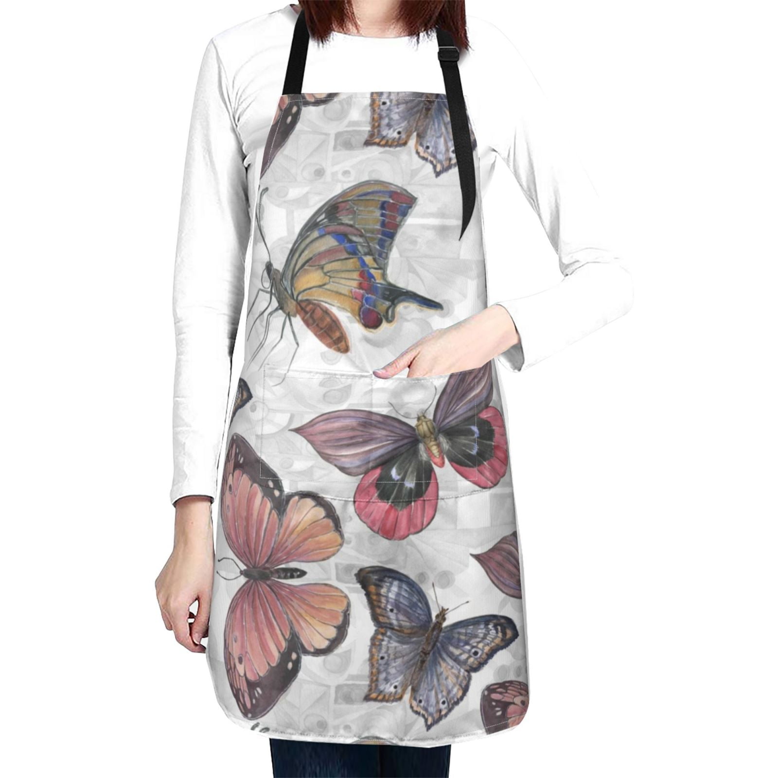 Kdxio Vintage Butterflies Apron with Pockets Adjustable Kitchen Aprons for Men Women Waterproof Aprons for Cooking,Drawing,Crafting, Baking Household Cleaning