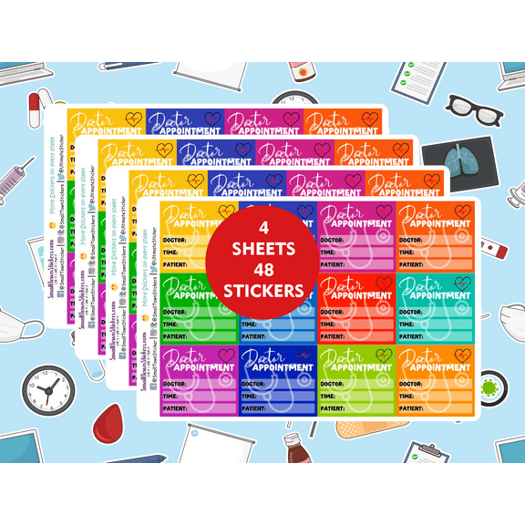 48-Pack SmallTownStickers Doctor Appointment Stickers for Calendars & Planners, Multicolored