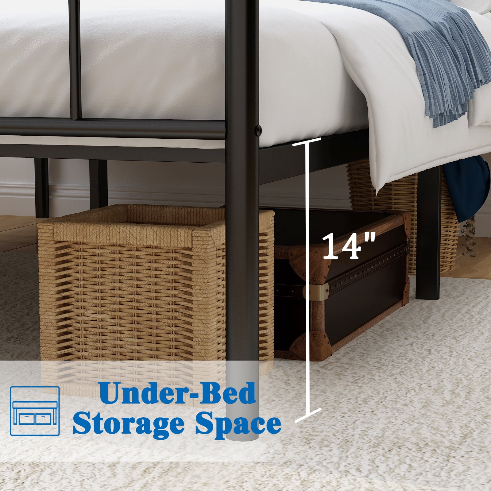 MAYEERTY 14"H Full Size Metal Platform Bed Frames with Iron-Art Headboard, Footboard, Under Bed Storage, No Box Spring Needed, Heavy Duty Metal Slat，Black