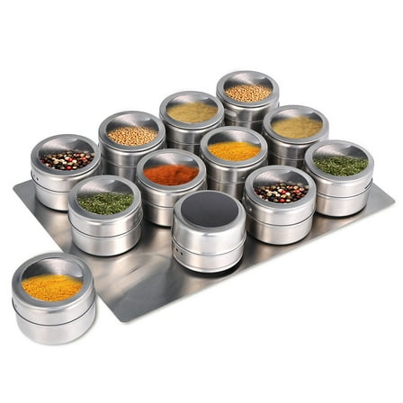 Beeyoka Magnetic Spice Jars 12pcs with Wall Mounted,Stainless Steel Spice Tins with Lid and Small Holes for Sprinkle Rust Free Includes 94 Labeling Stickers