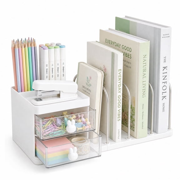 SAYEEC White Desk Organizer with Drawer, Multifunction Plastic-Steel Book Storage Holder, Foldable File Sorter with Bookend for Office & Home