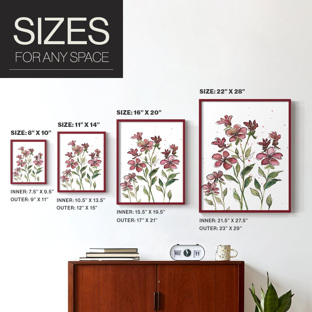 Watercolor Floral Stems II Framed Print in Red Solid Wood 8 x 10 Framed Print