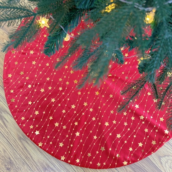 Rustic Plush Red Christmas Tree Skirt with Gold Star,Traditional Holiday Deluxe Fuzzy Red Christmas Tree Skirt Mat Decoration for Merry Christmas Xmas Winter New Year Party