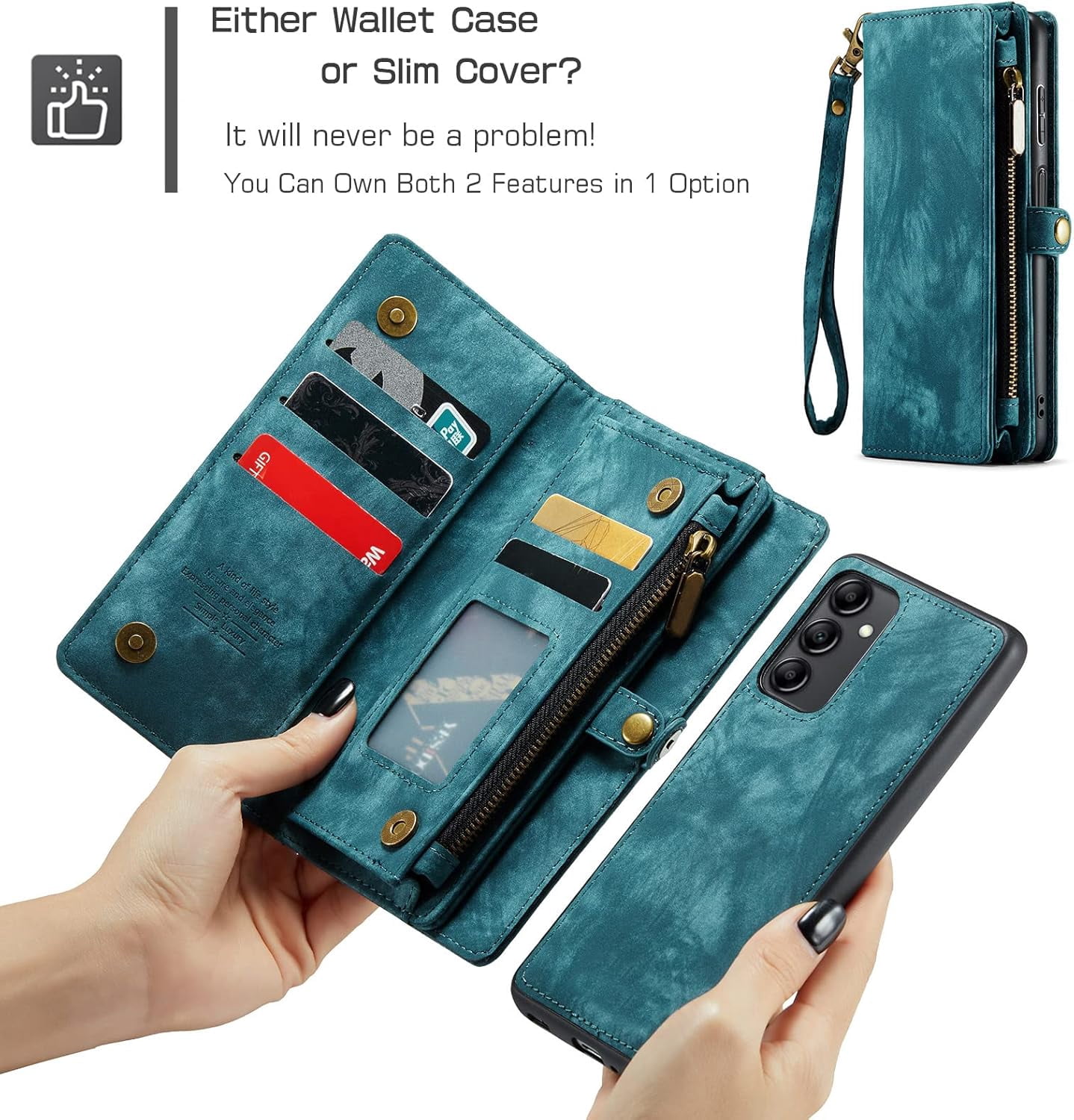 Phone Case for Samsung Galaxy A14 5G Zipper Wallet Detachable Cover with Tempered Glass Screen Protector and Leather Flip Credit Cash Card Holder Cell Accessories A 14 4G 14A G5 Women Men Blue
