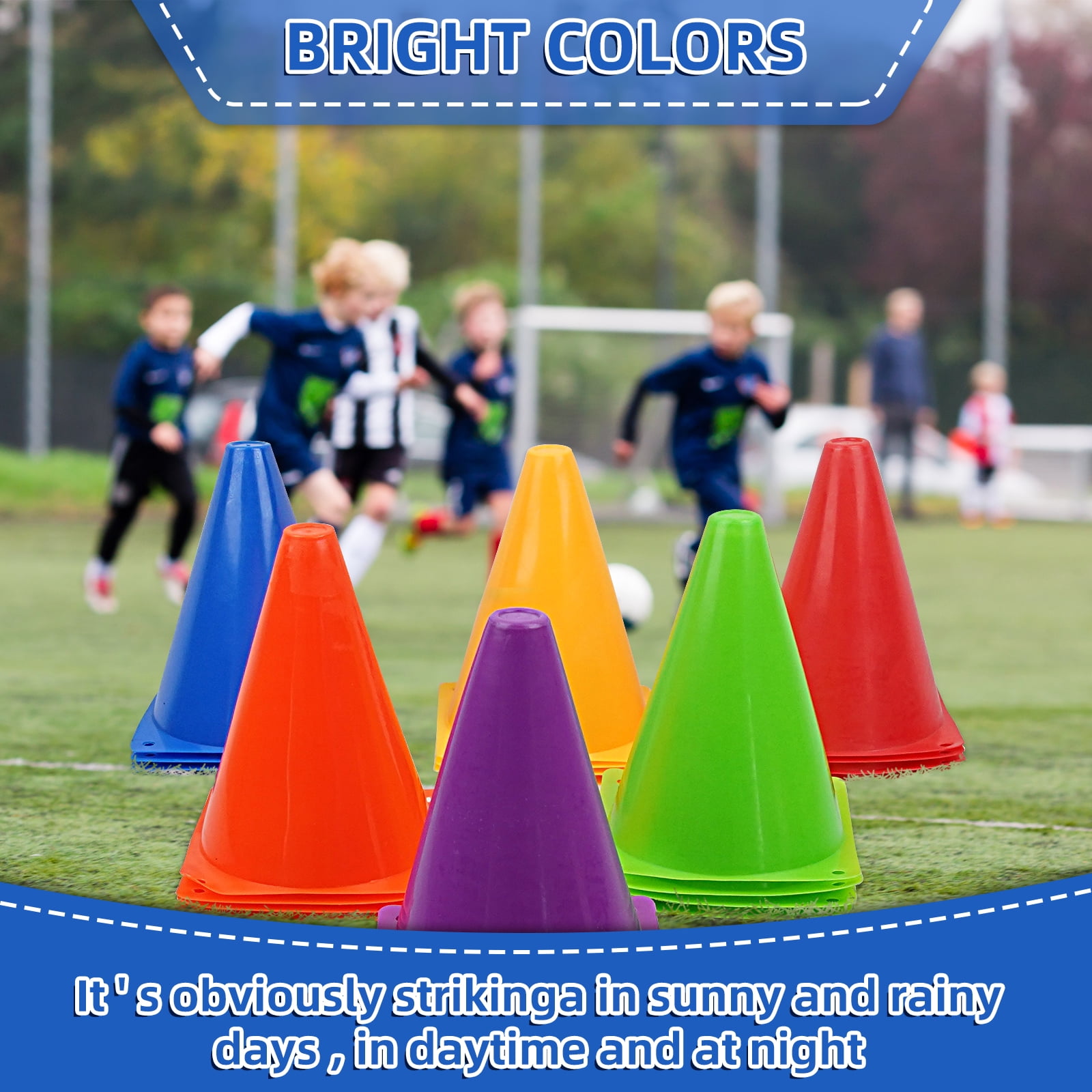 Training Plastic Traffic Cones Set,Festive Events Agility Cones,Sports Soccer Flexible Cone Sets,Sports Equipment for Kids (6 Colors,24 Pack,7 Inch)