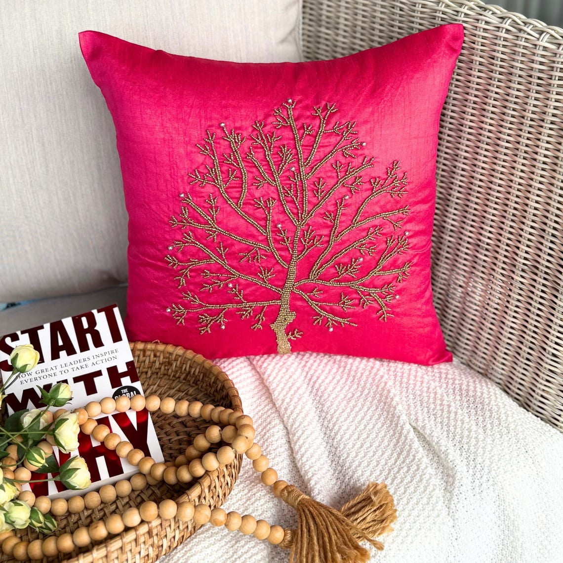 The HomeCentric Throw Pillow Cover Pink Pillow Cover Pack of 2 20x20 inch (50x50 cm) Luxury Fuchsia Pink Pillow Cover Beaded Tree Pillow Case Floral Throw Pillow Cover Square - Fuchsia Tree Of Life
