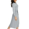 thumbnail image 2 of SAYOO Women Spring Dress with Waist Belt, Plain Color Long Lantern Sleeve Crew Neck Knitted Pleated Dress, Ladies Fall Midi One-Piece, 2 of 7